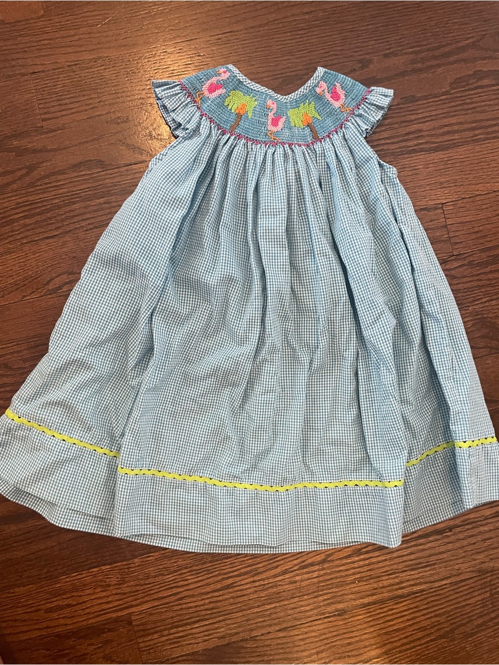 Light Blue Gingham Smocked Dress with Pink Flamingo Detail